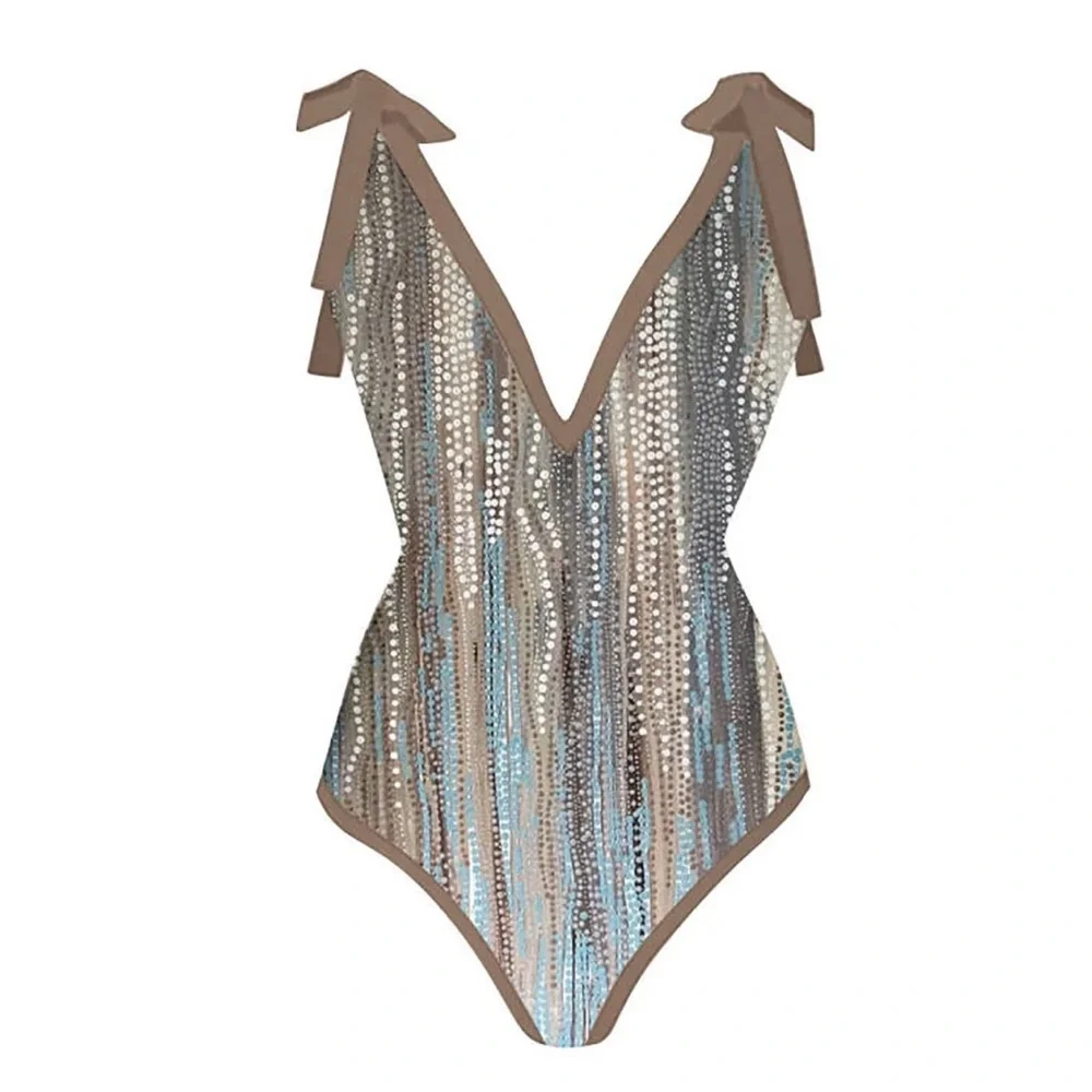 Unbranded Aqua Green abstract print one-piece swimsuit brown Trim Women’s Large